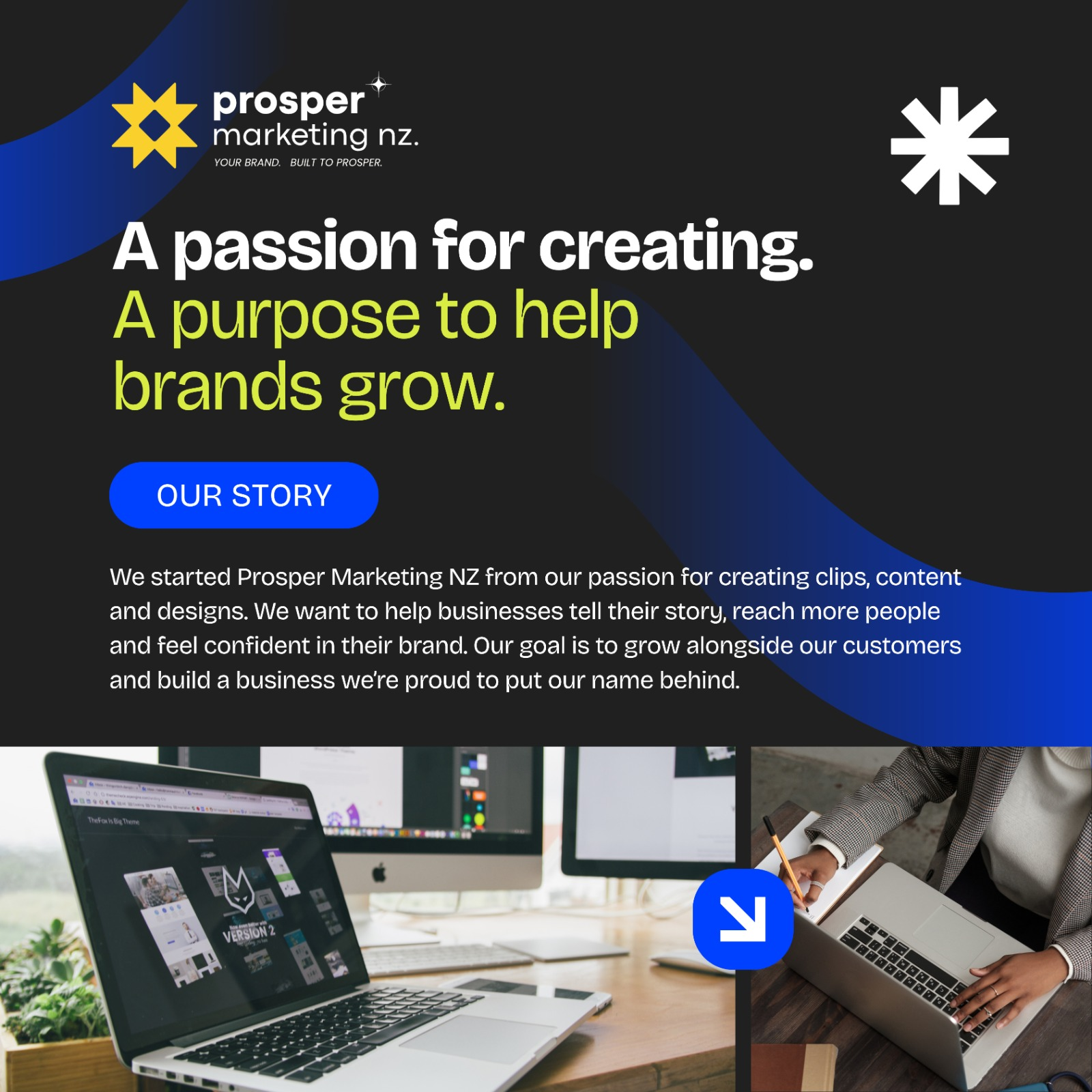 Creative workspace and content planning imagery from the Prosper Marketing NZ story artwork